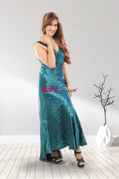 Satin V Neck Fish Cutting Long Designer Dress (KR379)